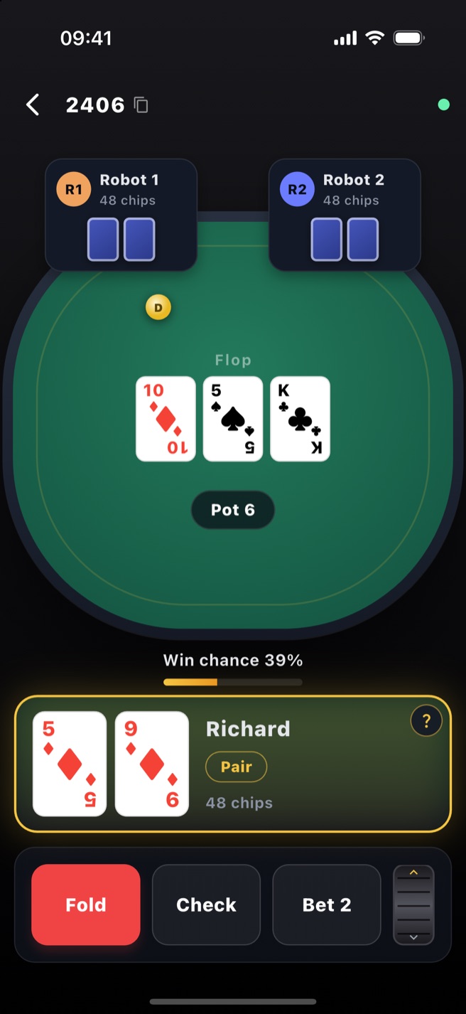 Raw Poker in-game screen: a Texas Hold'em table on the flop with two AI opponents, the community cards, your hole cards, a live win-chance bar and Fold / Check / Bet controls.